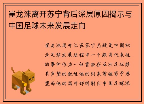 崔龙洙离开苏宁背后深层原因揭示与中国足球未来发展走向